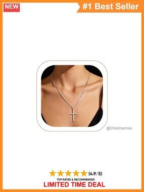 Cubic Zirconia Cross Pendant Necklace Silver Plated 20+2" Adjustable